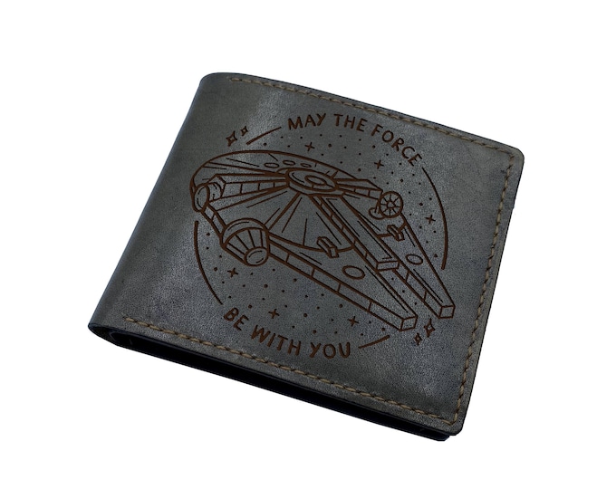 Handcrafted Star Wars Leather Wallet: Millennium Falcon Engraved