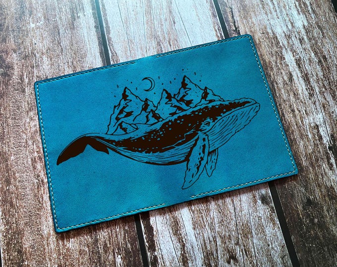 Whale drawing art passport wallet, genuine leather travel case, custom passport cover