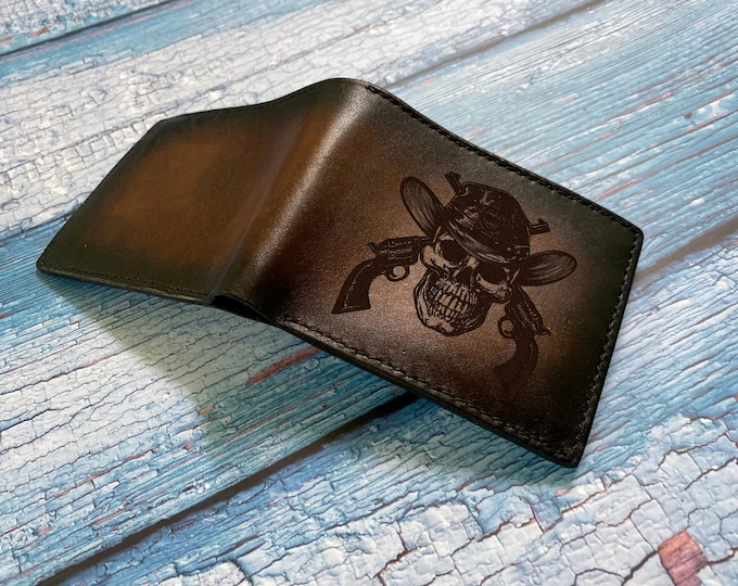 Handmade Leather Cowboy Skull Wallet - Engraved Western Gift