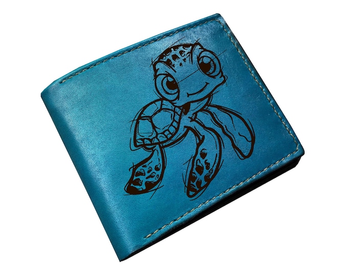 Cute Sea Turtle handmade bifold wallet, custom engrave gift, Cartoon style wallet for kid