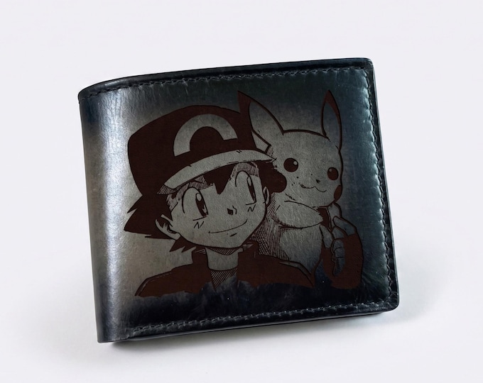 Handmade Leather Pikachu Wallet, Ash Pokemon Design, Gift for Him - set 050926