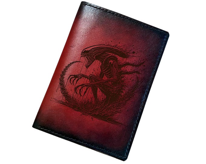 Handmade Leather Xenomorph Wallet, Custom Engraved Bifold, Horror Gift