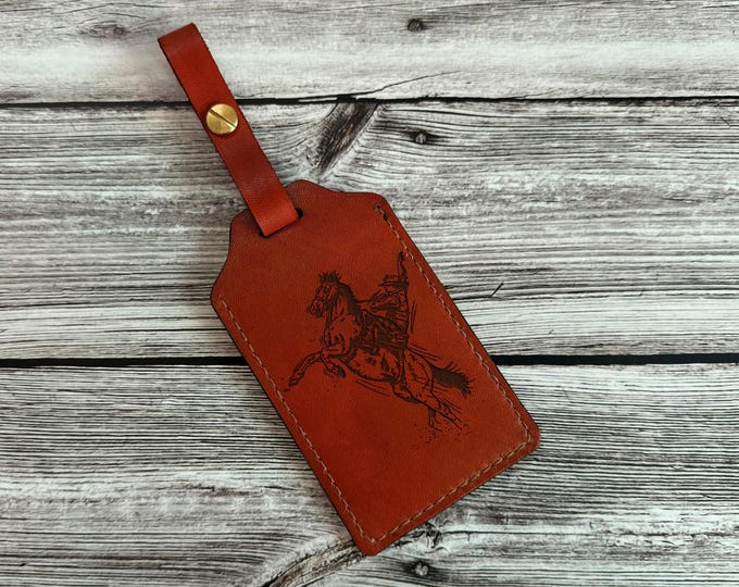 Handmade Leather Luggage Tag: Cowboy Riding Horse, Wild West Travel