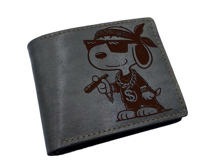 Handmade Leather Wallet, Funny Gangster Dog Design, Men's Gift