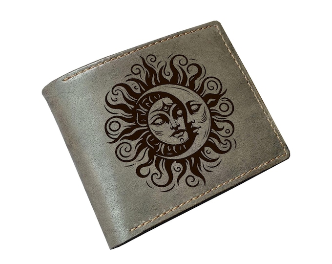 Sun Moon Full Grain Leather Wallet, Handmade Engraved Gift for Him
