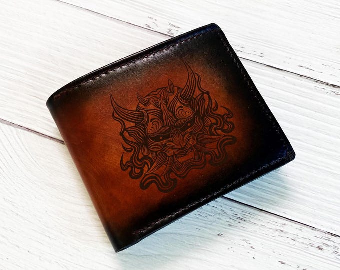 Oni Mask Engraved Leather Wallet, Japanese Demon Art
