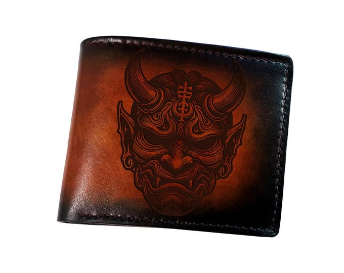 Hannya Mask Leather Wallet, Japanese Samurai Style, Custom