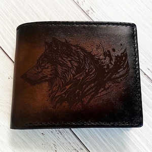 Wolf drawing art wallet, Wolf leather handmade wallet, Wolf wallet for him, Wolf sketch wallet, leather anniversary present for dad, husband