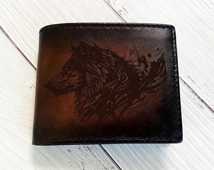 Handmade Wolf Leather Wallet, Wolf Sketch Art, Anniversary Gift