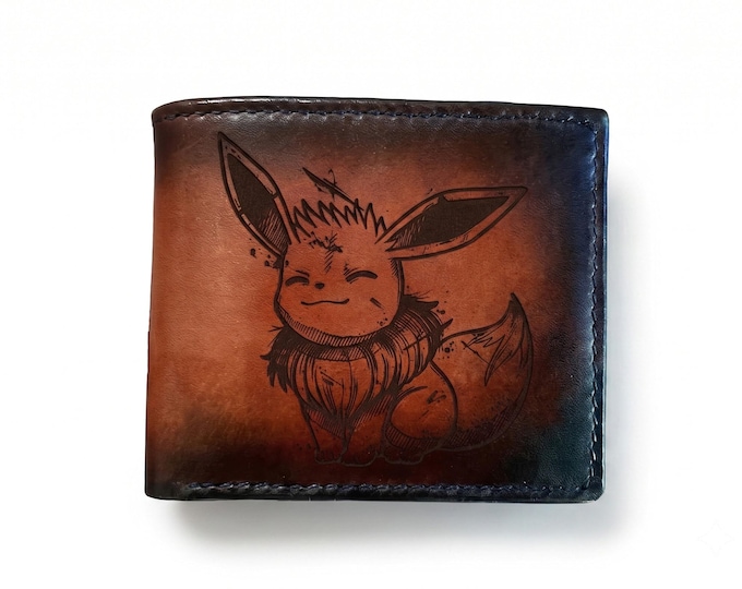 Handmade Eevee Pokemon Leather Wallet, Custom Engraved Bifold - set 050926