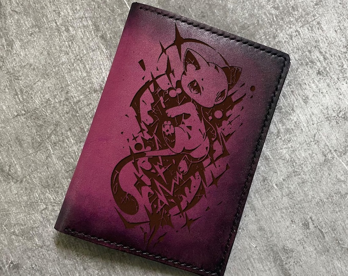 Engraved Leather Passport Wallet: Mew Cat Design, Travel Gift