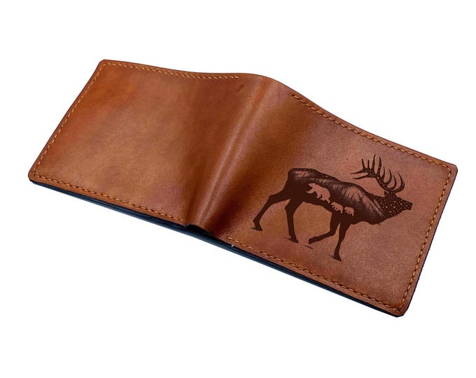 Engraved Deer Leather Wallet: Wildlife Forest Bifold Wallet