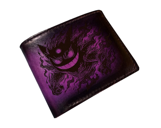 Gengar Leather Bifold Wallet, Custom Engraved, Pokemon Gift