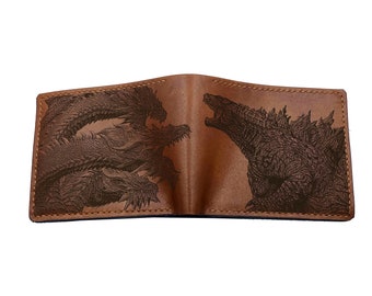 Godzilla Ghidorah leather handmade wallet, King of monsters leather gifts for boyfriend, wallet for boy, monstersverse leather gift ideas