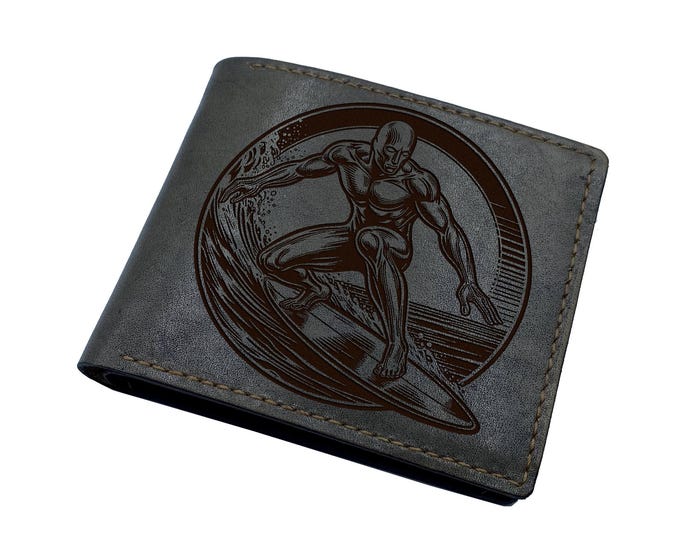 The Silver Surfer leather bifold wallet, superheroes present for boy, custom engrave leather wallet, marvel heroes wallet, Galactus gifts
