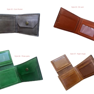 May include: Four different styles of leather wallets, each with a different design and layout. The wallets are open and laid flat, showing the interior compartments and pockets.