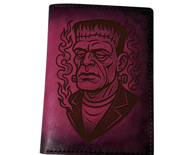 Frankenstein leather travel wallet, horror characters leather gift for dad, husband, boyfriend