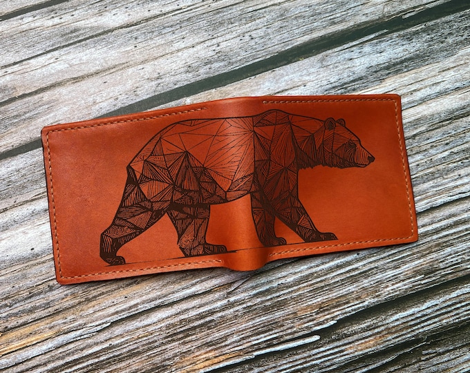 Engraved Bear Leather Wallet, Personalized Gift for Him - set 080926