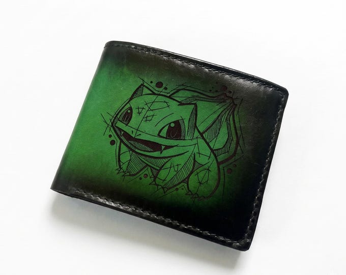 Handmade Bulbasaur Leather Wallet, Pokemon Art Gift - set 050926