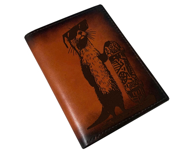 Otter leather handmade passport wallet, Animal pattern gift, Otter lover present