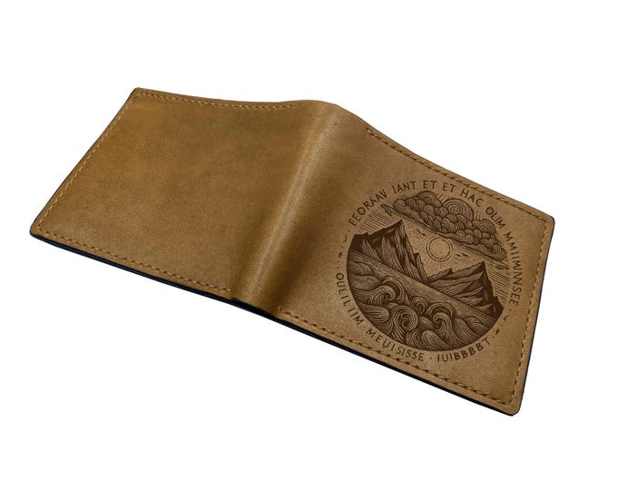 Handmade Leather Wallet, Engraved Mountain Scene, Personalized Gift