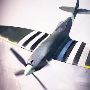May include: A vintage-style airplane in flight, viewed from above. The aircraft features a dark green and gray color scheme with white and black stripes on the wings. The propeller is blurred, indicating motion.