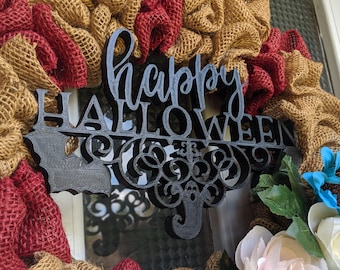 Happy Halloween Sign Wreath Center Door Hanger Halloween Gift Spooky Ghost and Bats