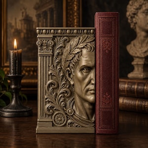 Puede incluir: Un sujetalibros de tono bronce con una escultura en relieve de una figura romana con corona de laurel, flanqueada por una columna clásica y volutas, junto a un libro vertical de color rojo oscuro con detalles dorados.