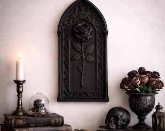 Gothic Rose Wall Plaque Gothic Arch Rose Wall Decor Dark Academia Wall Art Gothic Floral Wall Sculpture Cathedral Rose Gothic Home Decor