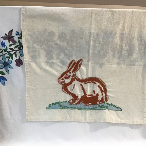 Vintage handmade sac cloth hand towel with a large embroidered bunny