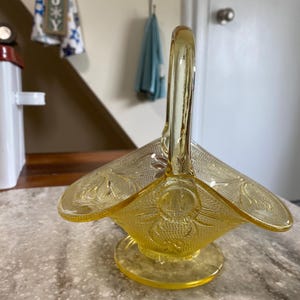 Vintage Indiana Glass Tiara Yellow Mist Basket, Candy Dish Made in 1981-1982.