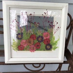 May include: A white framed picture with a pressed flower arrangement. The flowers are pink, red, and purple and are arranged in a cluster in the center of the frame.