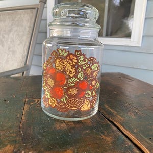 Vintage 1970s Glass Kitchen Canister: Painted Fruits & Nuts