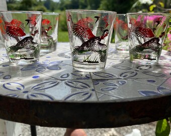 6 MCM Hazel Atlas Hunting Motif Shot Glasses.