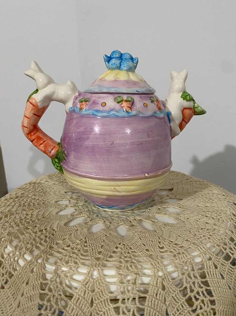 Vintage Egg Teapot, Bluebirds, Bunnies, Carrot Handle, Spring Colors - Etsy