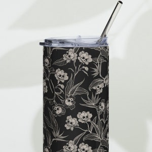Vaso delgado con diseño floral gótico - Taza de viaje de acero con diseño de flor y calavera espeluznante de 20 oz con pajita - Taza sin BPA con estampado mate de brujas y jardín macabro oscuro