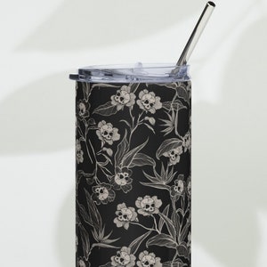 Gothic Floral Skinny Tumbler - Spooky 20oz Skull Flower Steel Travel Mug w/ Straw - BPA-Free Cup w/ Dark Macabre Garden Witchy Matte Print