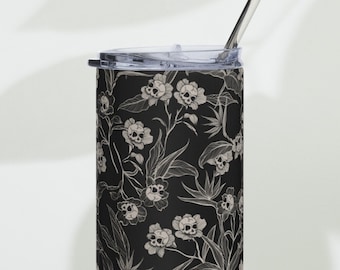 Gothic Floral Skinny Tumbler - Spooky 20oz Skull Flower Steel Travel Mug w/ Straw - BPA-Free Cup w/ Dark Macabre Garden Witchy Matte Print