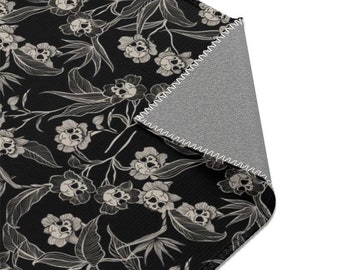 Gothic Floral Rug, Spooky skull flowers Area Rug, Goth tiki tropical outdoor carpet,Black witchy botanical home decor,Dark style home accent
