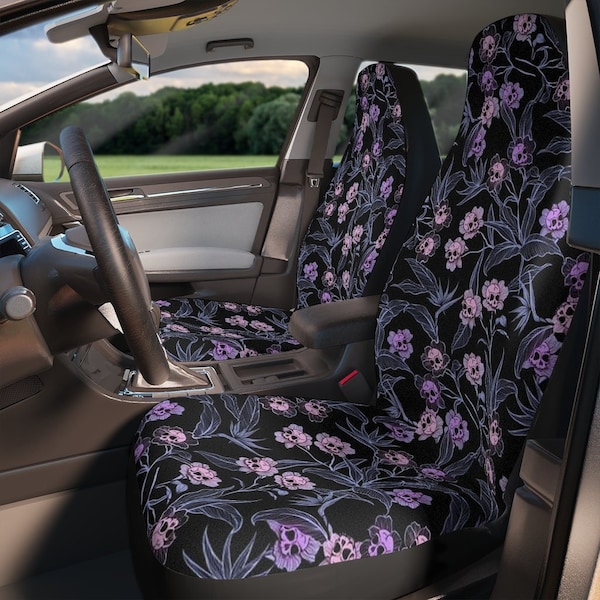 Pastel Goth Car Seat Covers, Beautiful macabre gothic floral skull print vehicle upholstery covers in pale pink, blue, & purple hues