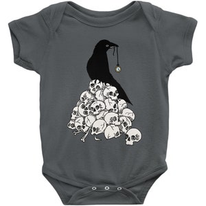 Goth Baby Jumpsuit. Raven Skull Infant Snap Romper. Death Messenger Baby Tee. Newborn Gothic Halloween Bodysuit. Spooky Baby Shower Gift