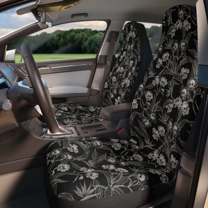 Goth floral Car Seat Covers, Beautiful macabre gothic skull flower print art vehicle upholstery covers w/ spooky tiki motif for truck, van
