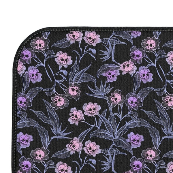 Pastel Goth Car Mats, pink floral skull flower vehicle floor rugs for a dark rainbow gothic accent to any truck or van. Witchy car accessory