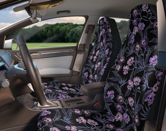 Pastel Goth Car Seat Covers, Beautiful macabre gothic floral skull print vehicle upholstery covers in pale pink, blue, & purple hues