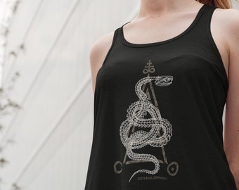 May include: Black tank top with a white graphic of a snake wrapped around a pentagram. The graphic is in a vintage style.