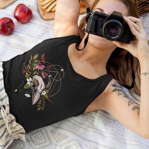 Dark Cottagecore Tanktop - Witchy Enchanted Forest Inspired Gothic Floral Bird Skull Racerback Tank in Black - Colorful Esoteric Fashion Tee
