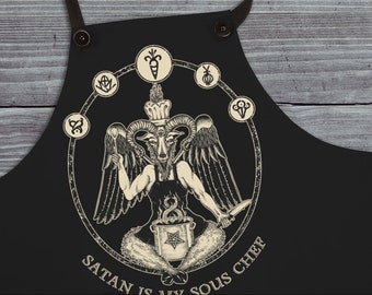 Baphomet Chef Apron, Satan Is My Sous Chef, Funny Occult Satanic Home Cook Gift, Goth Black Metal Witch Apron, Gothic Pagan Foodie Pinafore