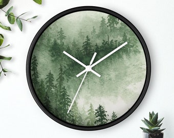 Misty mountain clock. Foggy pine forest watercolor wall clock. The perfect winter decor or Christmas gift. Clock painting of trees in mist