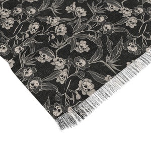 Gothic Floral Light Scarf, lightweight spooky tiki skull flower beach shawl. The perfect macabre accent to a dark cottagecore spring outfit