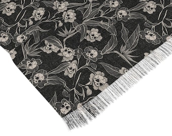 Gothic Floral Light Scarf, lightweight spooky tiki skull flower beach shawl. The perfect macabre accent to a dark cottagecore spring outfit